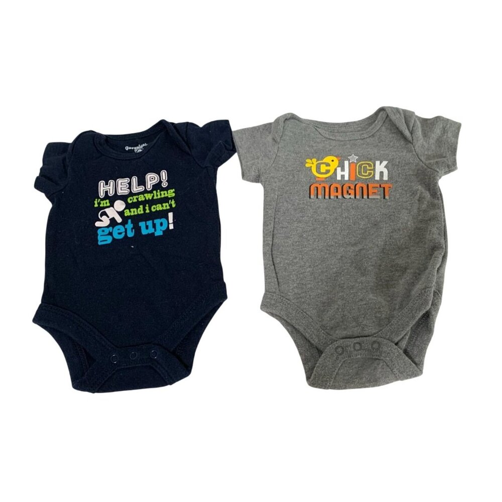 Lot of 2 Bodysuits Boy Infant Baby Size Newborn Blue Help Crawl Cant get up Gray